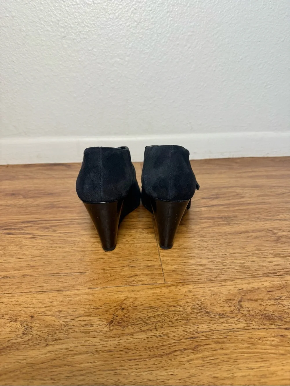 Anne Klein Black Faux Suede Wedge Booties Size 7M Buckle Detail